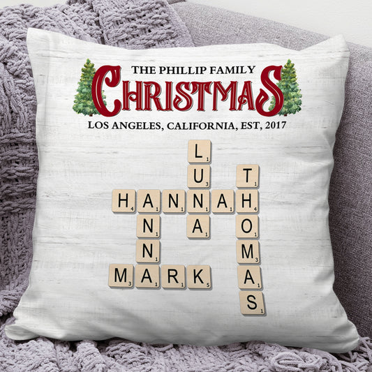 Personalized Family Rustic Christmas Crossword Pillow - A custom, unique holiday gift for the family.
