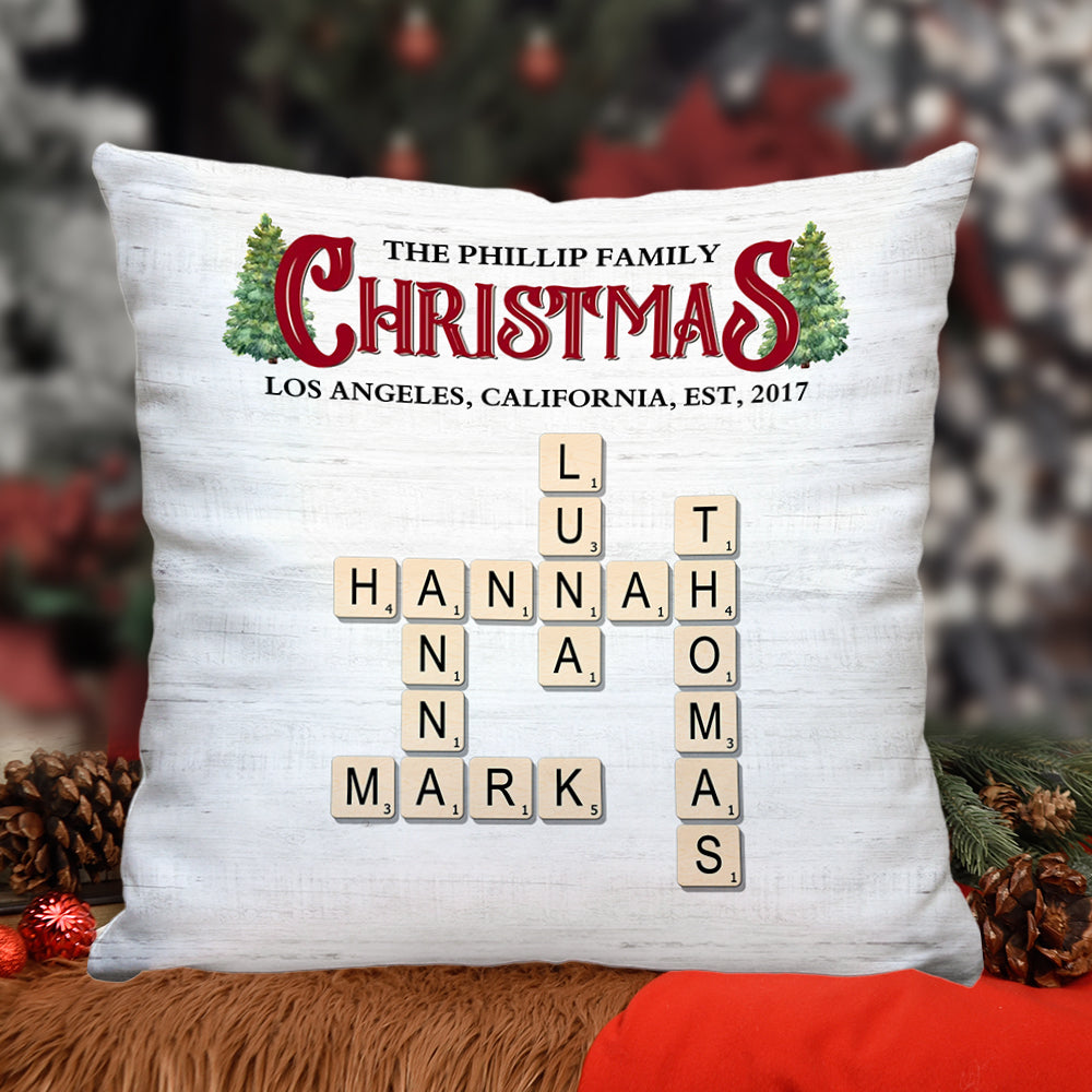 Personalized Family Rustic Christmas Crossword Pillow - A custom, unique holiday gift for the family.
