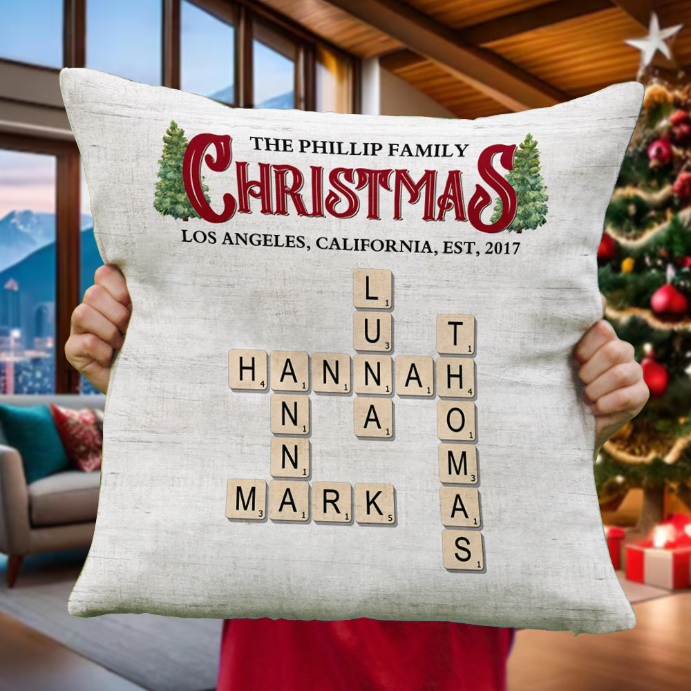 Personalized Family Rustic Christmas Crossword Pillow - A custom, unique holiday gift for the family.