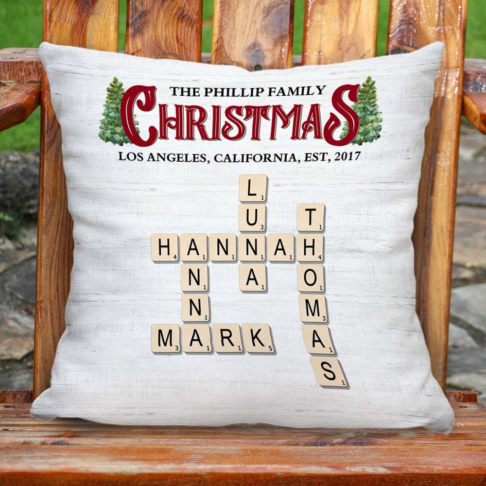 Personalized Family Rustic Christmas Crossword Pillow - A custom, unique holiday gift for the family.