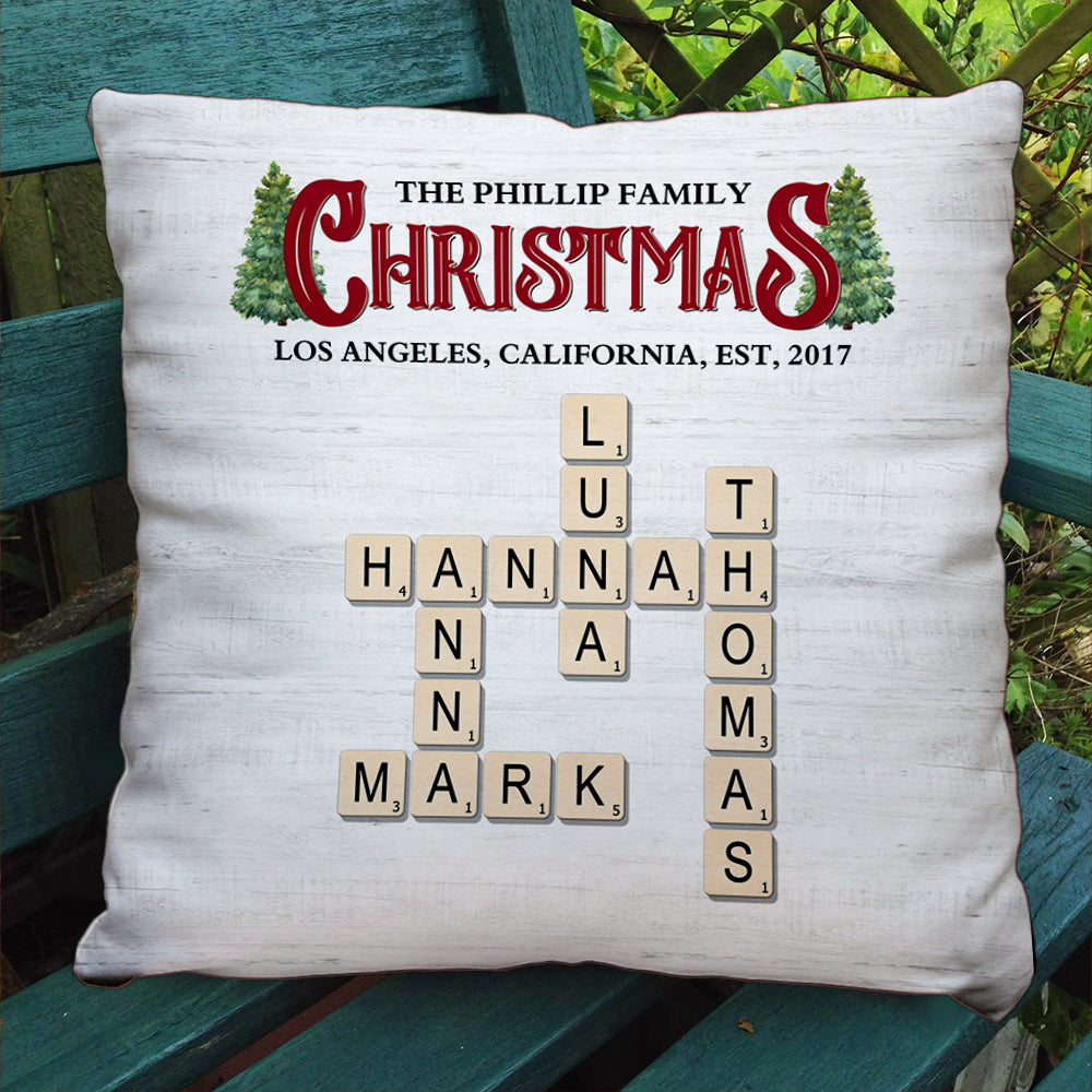Personalized Family Rustic Christmas Crossword Pillow - A custom, unique holiday gift for the family.