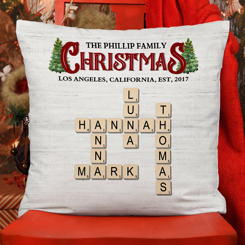Personalized Family Rustic Christmas Crossword Pillow - A custom, unique holiday gift for the family.