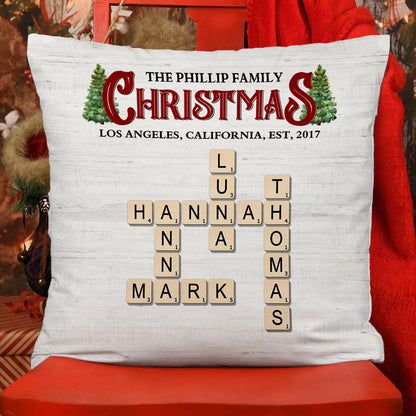 Personalized Family Rustic Christmas Crossword Pillow - A custom, unique holiday gift for the family.