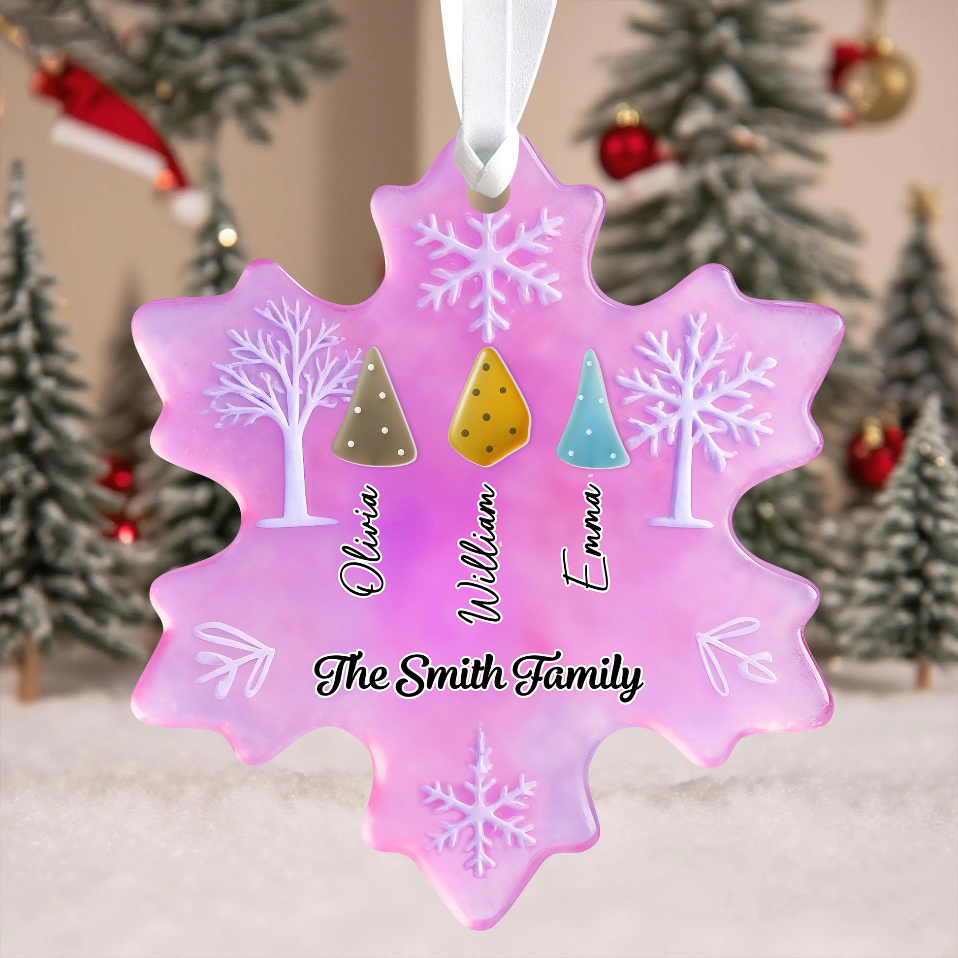 Personalized family snow sea glass ornament, custom acrylic 2-layered design.