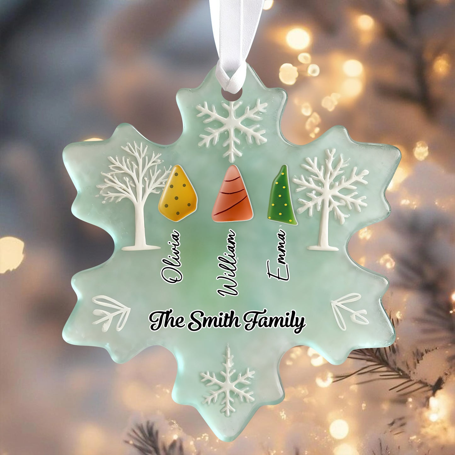 Personalized family snow sea glass ornament, custom acrylic 2-layered design.