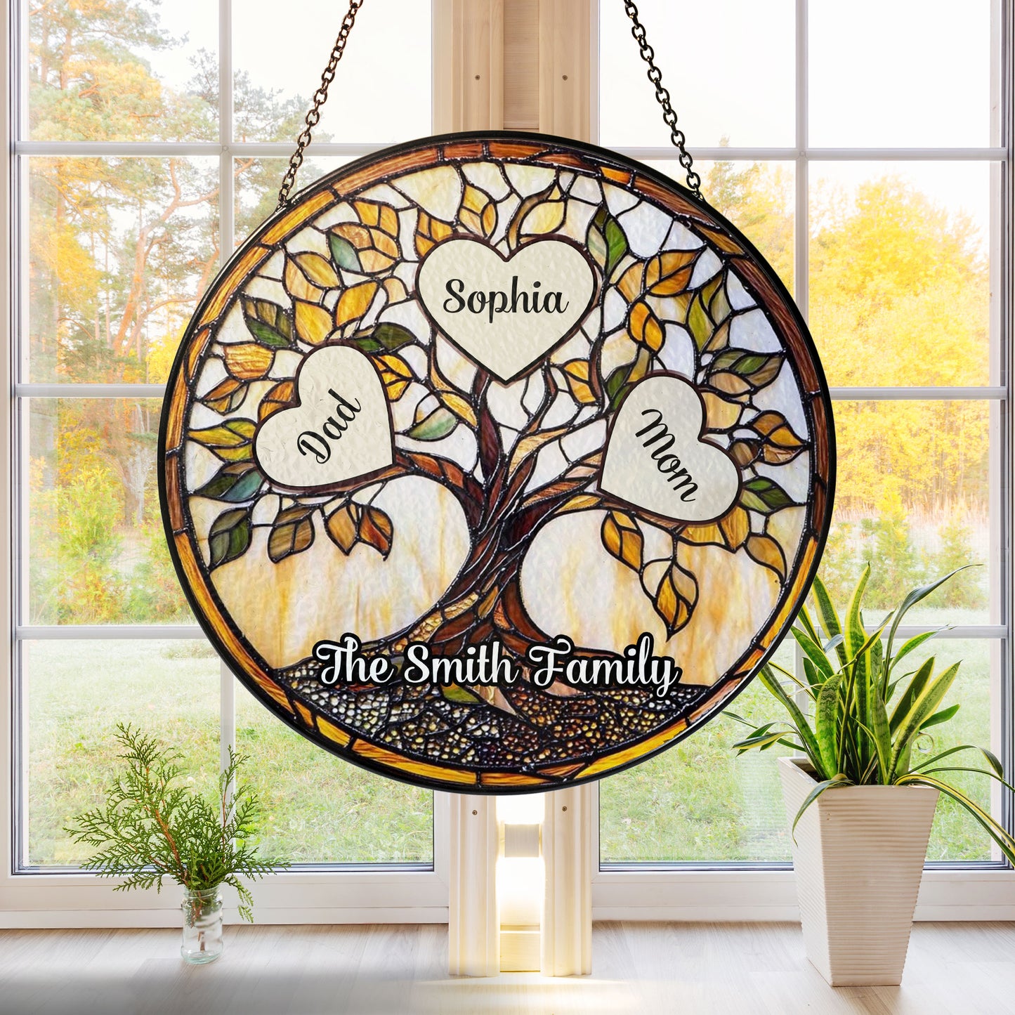 Personalized family unbreakable bond photo stained glass suncatcher.