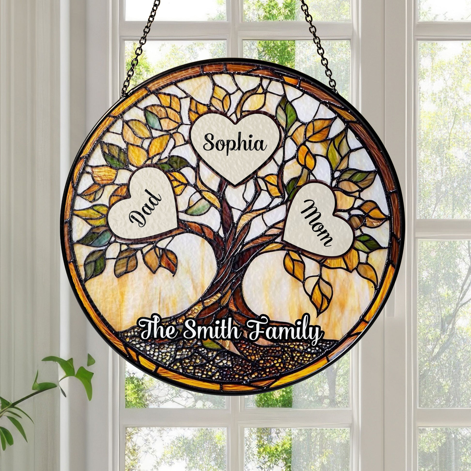 Personalized family unbreakable bond photo stained glass suncatcher.