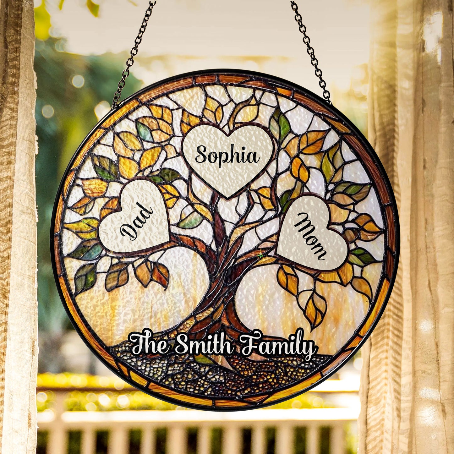 Personalized family unbreakable bond photo stained glass suncatcher.