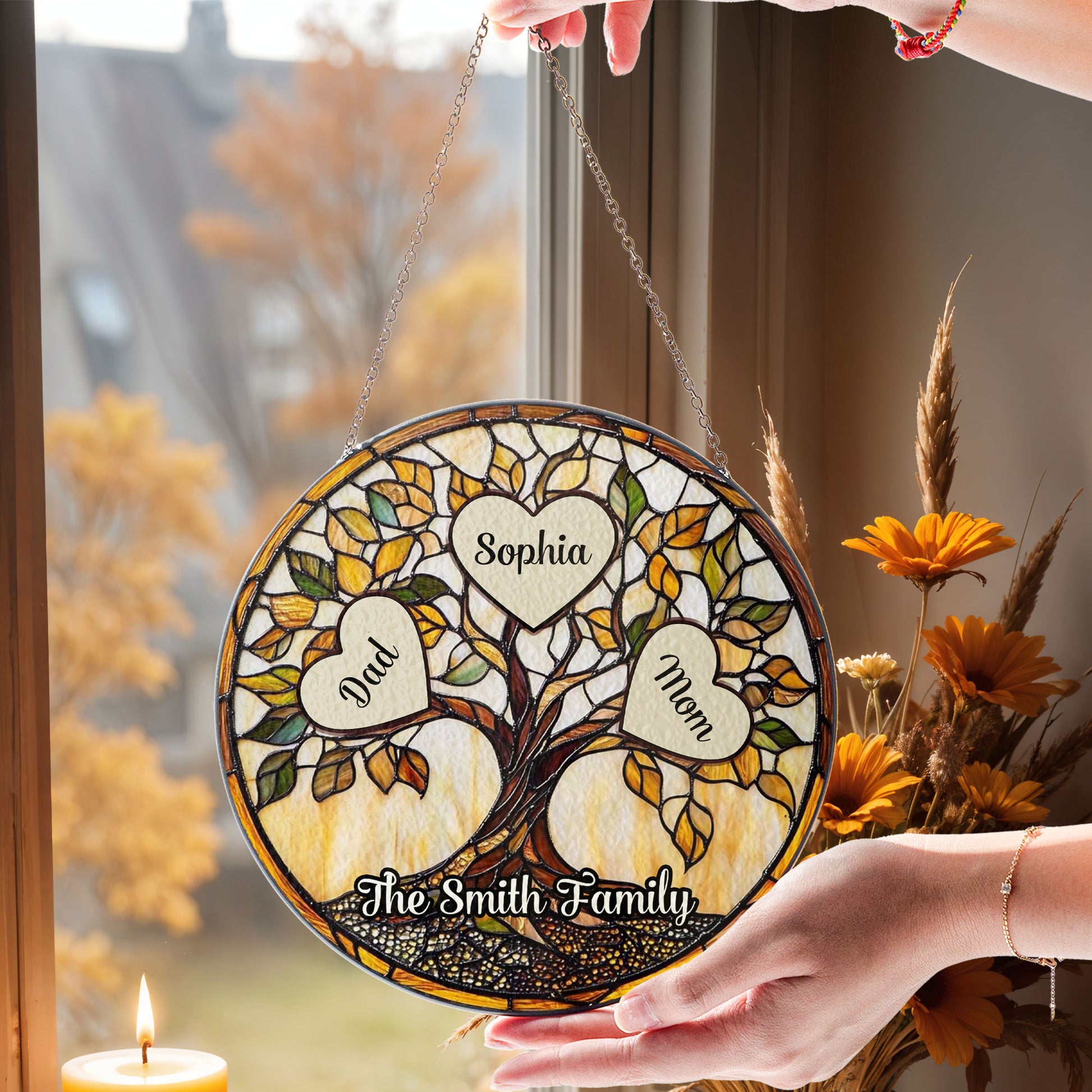 Personalized family unbreakable bond photo stained glass suncatcher.