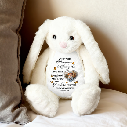 Blue memorial plush bunny rabbit with a Christmas hat and angel wings, a comforting keepsake.