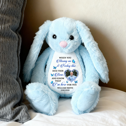 Blue memorial plush bunny rabbit with a Christmas hat and angel wings, a comforting keepsake.