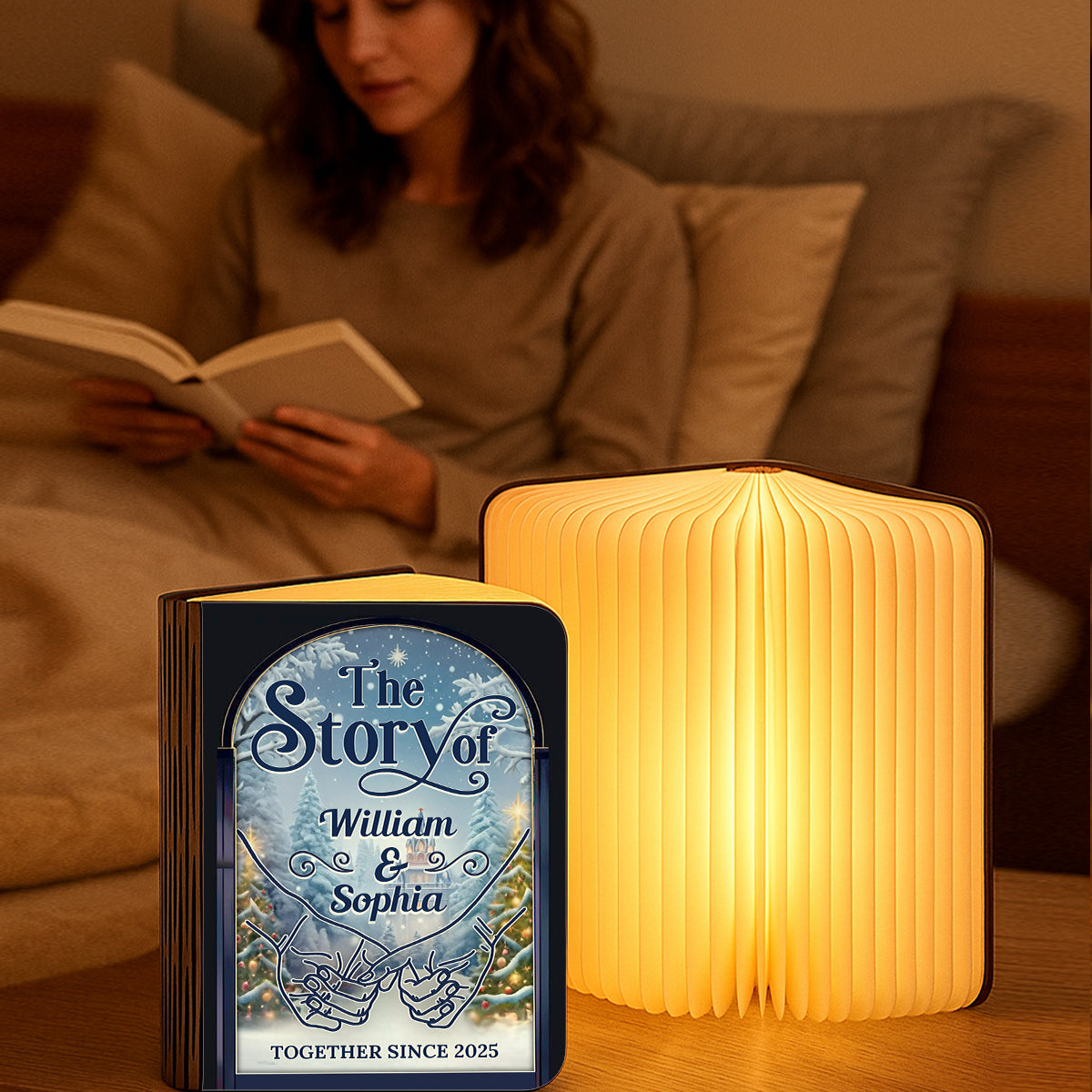 First Christmas as Mr. & Mrs. personalized book lamp, showcasing custom names and date on a warm, inviting light.