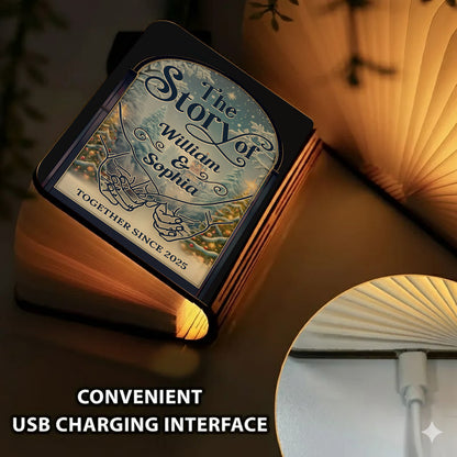 First Christmas as Mr. & Mrs. personalized book lamp, showcasing custom names and date on a warm, inviting light.