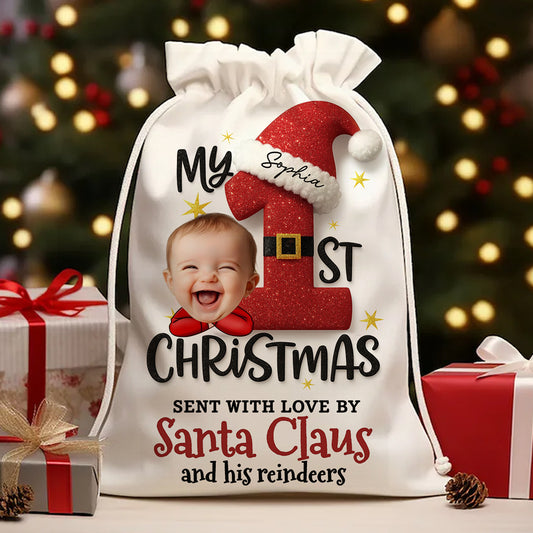 First Christmas Christmas Bag - Personalized Christmas sack gift for family, featuring festive design.