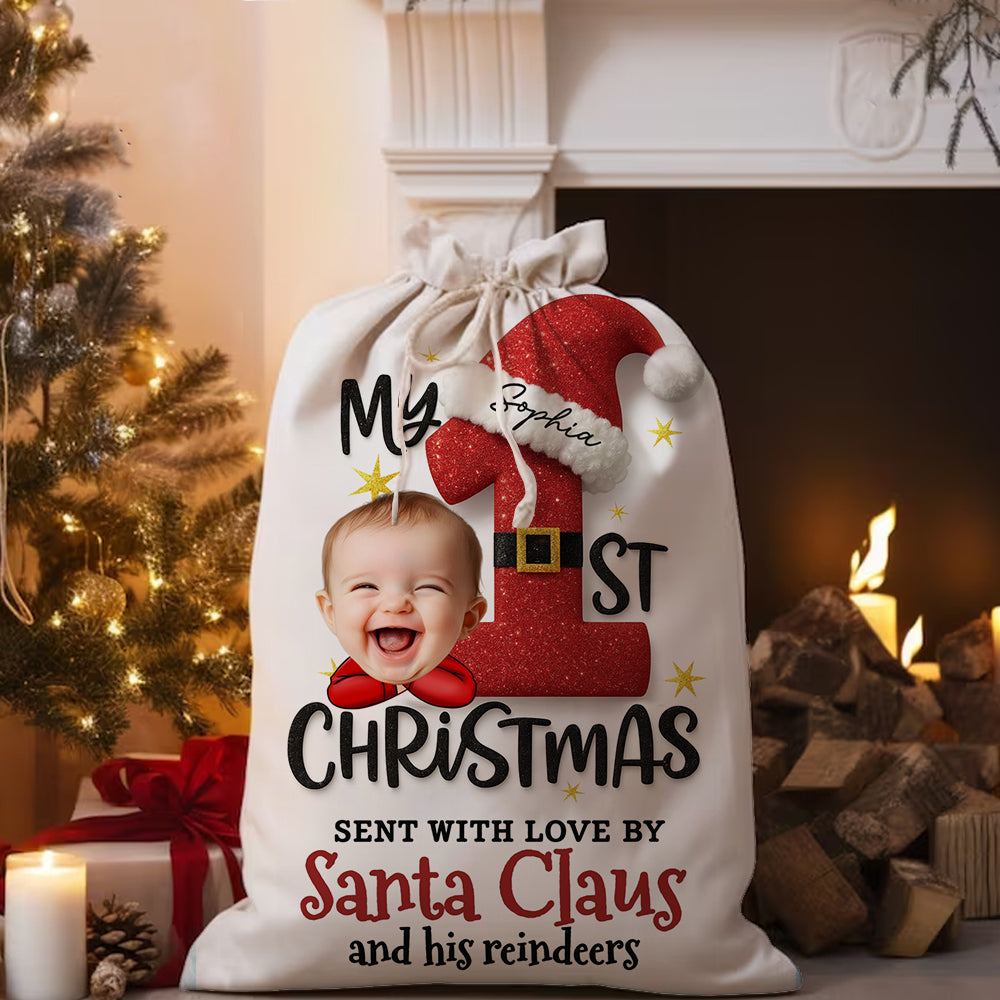 First Christmas Christmas Bag - Personalized Christmas sack gift for family, featuring festive design.
