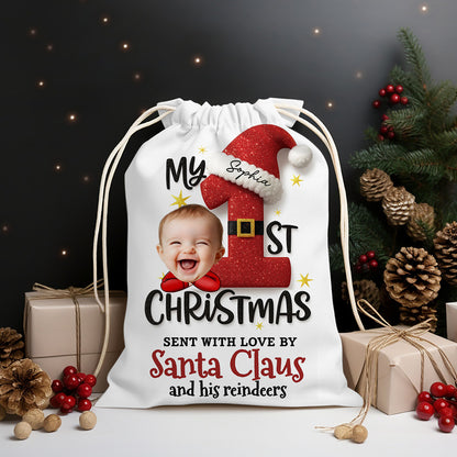 First Christmas Christmas Bag - Personalized Christmas sack gift for family, featuring festive design.