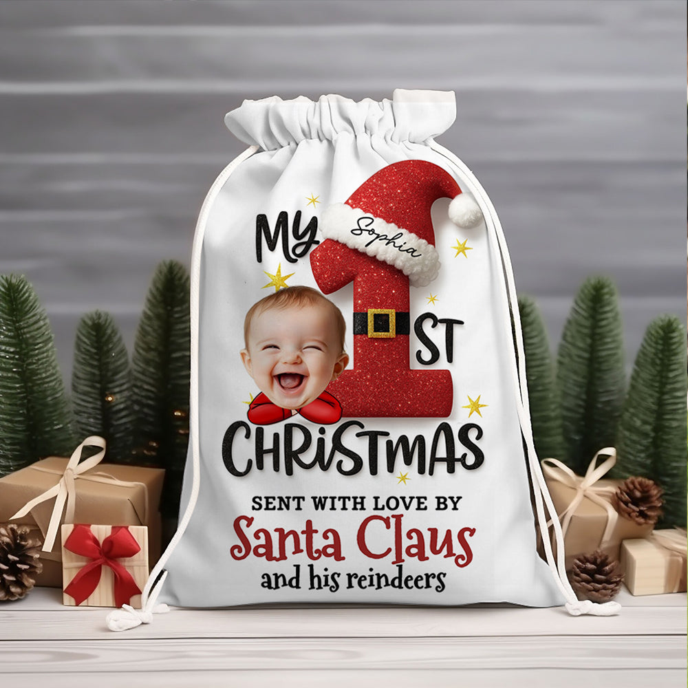 First Christmas Christmas Bag - Personalized Christmas sack gift for family, featuring festive design.