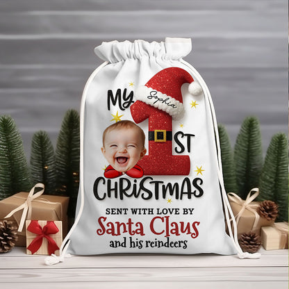 First Christmas Christmas Bag - Personalized Christmas sack gift for family, featuring festive design.