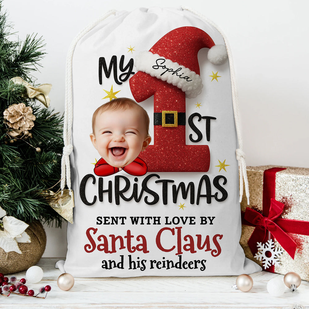 First Christmas Christmas Bag - Personalized Christmas sack gift for family, featuring festive design.