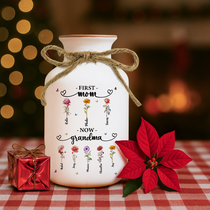 Personalized "First Mom, Now Grandma" flower vase - elegant white ceramic gift.