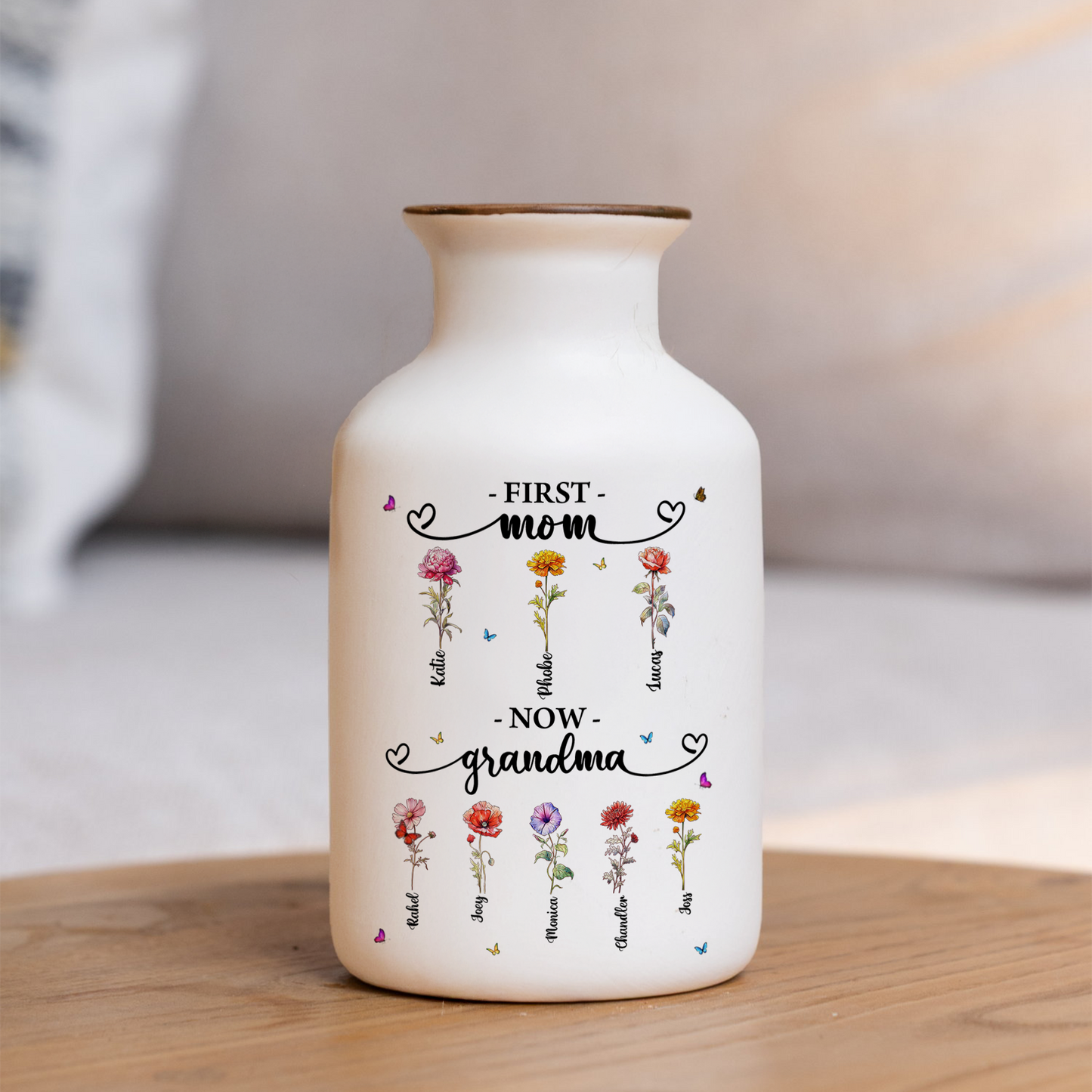 Personalized "First Mom, Now Grandma" flower vase - elegant white ceramic gift.