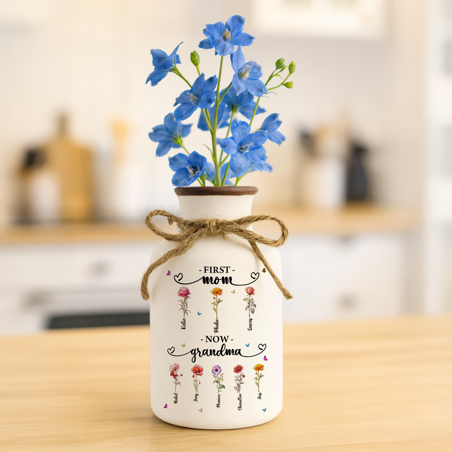 Personalized "First Mom, Now Grandma" flower vase - elegant white ceramic gift.