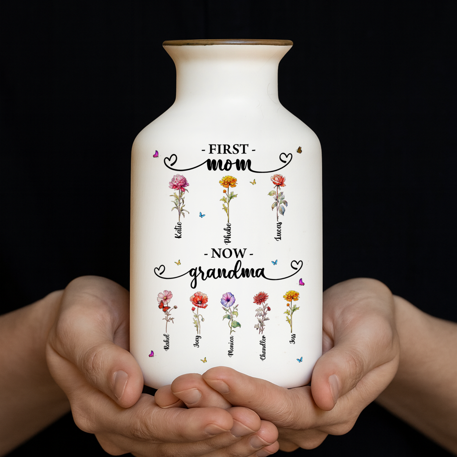 Personalized "First Mom, Now Grandma" flower vase - elegant white ceramic gift.