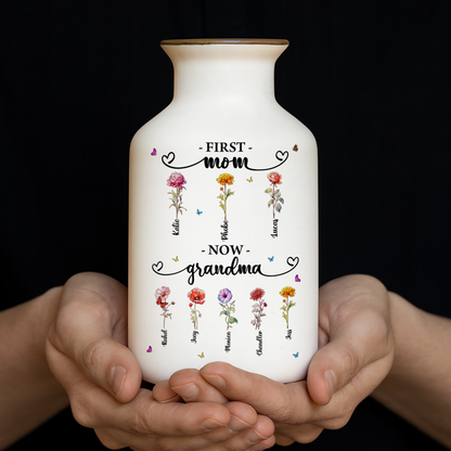 Personalized "First Mom, Now Grandma" flower vase - elegant white ceramic gift.
