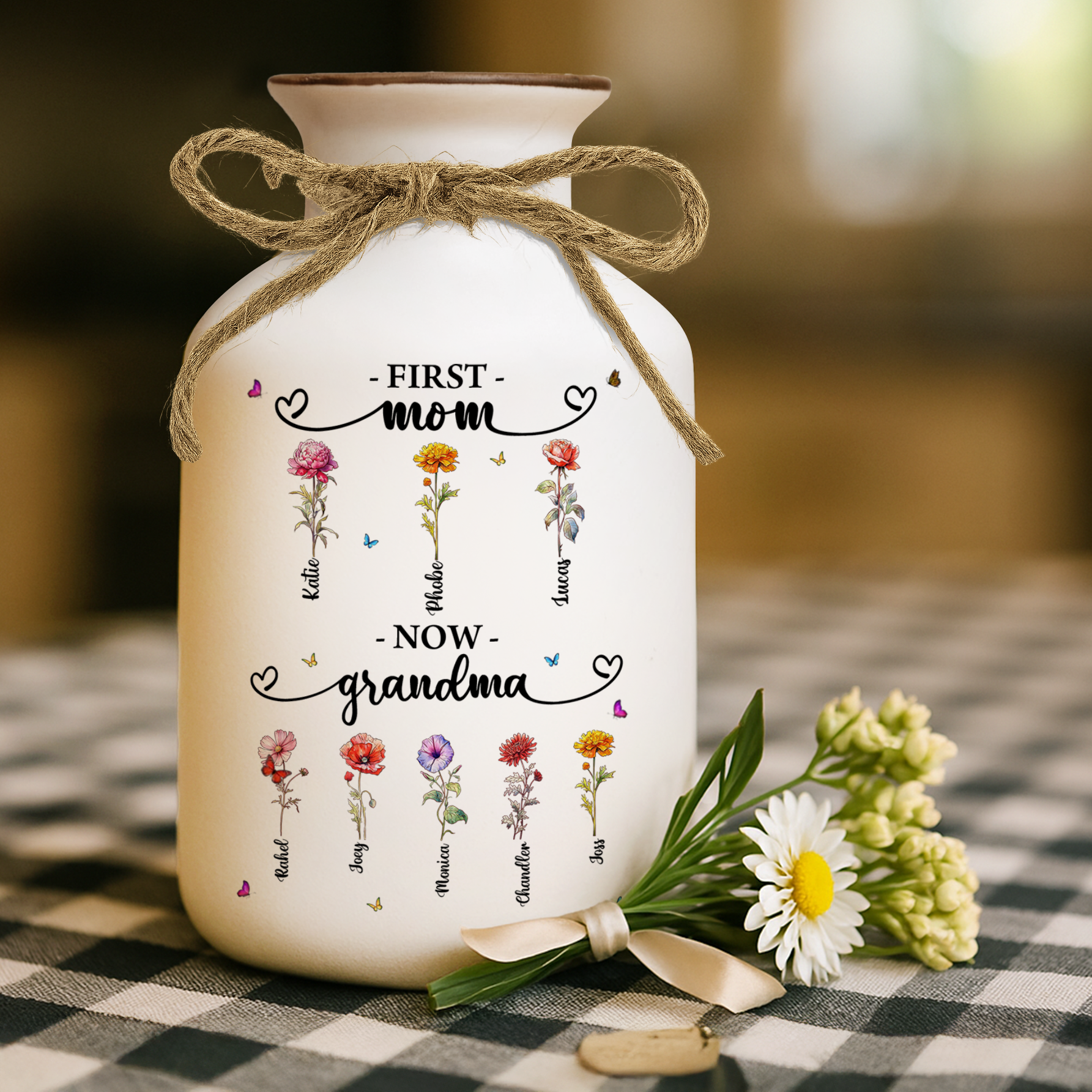 Personalized "First Mom, Now Grandma" flower vase - elegant white ceramic gift.