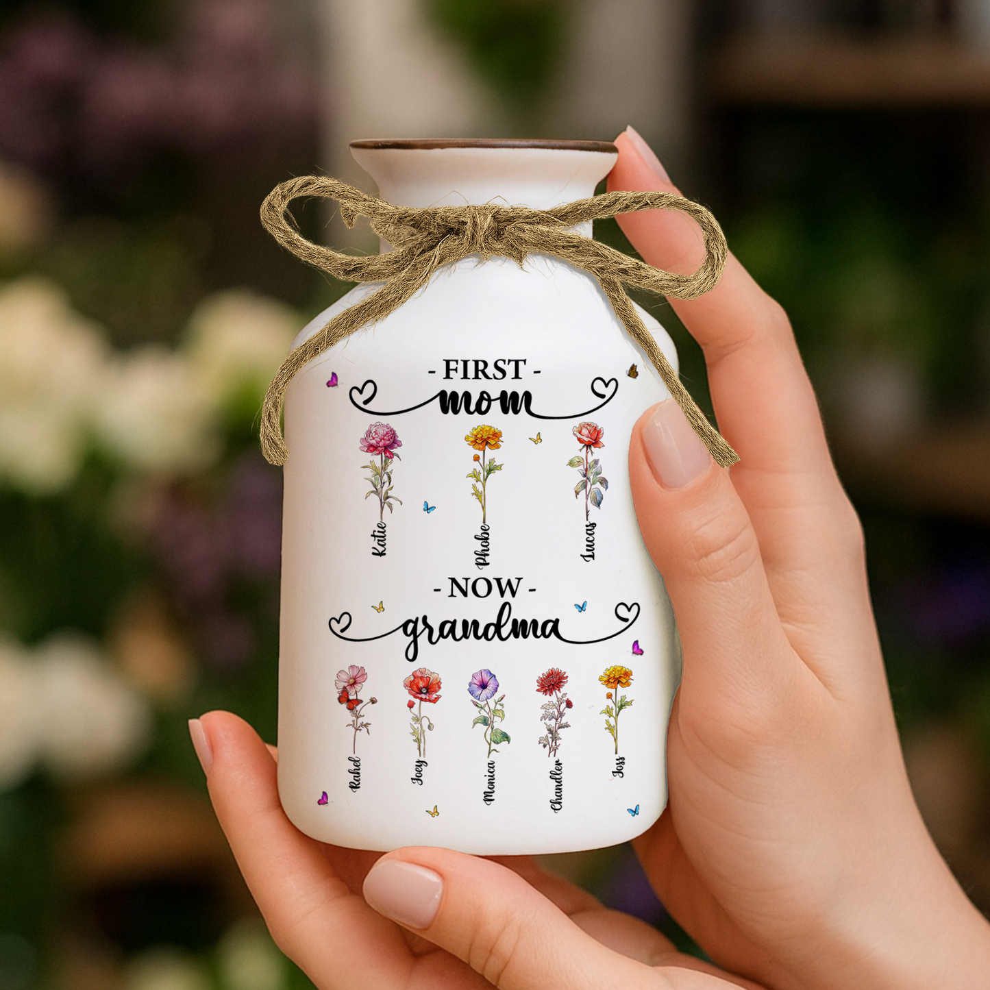 Personalized "First Mom, Now Grandma" flower vase - elegant white ceramic gift.