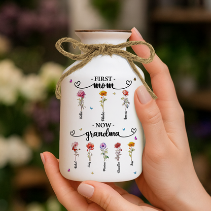 Personalized "First Mom, Now Grandma" flower vase - elegant white ceramic gift.