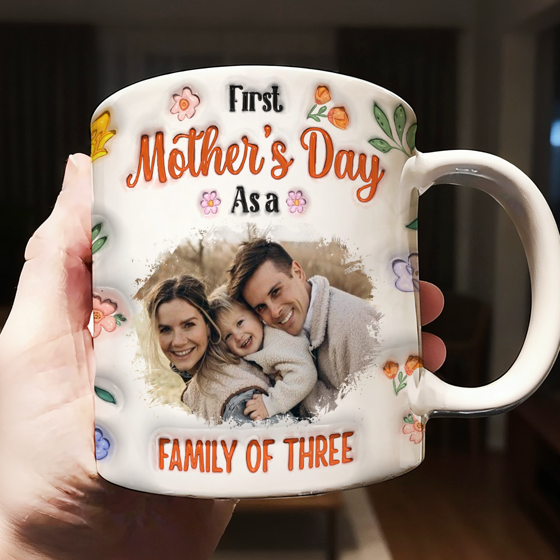 Personalized First Mother's Day Coffee Mug with 3D effect, a custom gift for new moms.