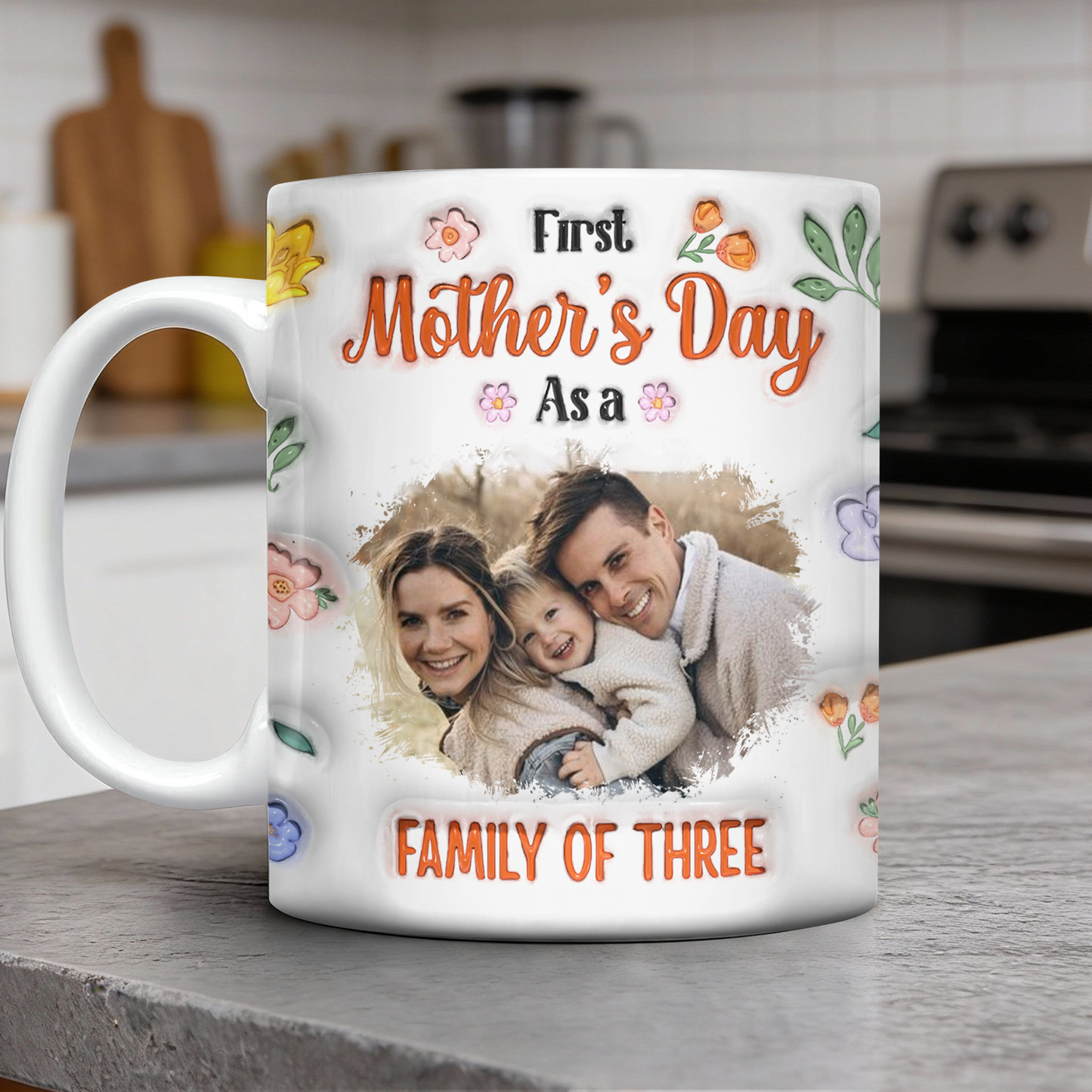 Personalized First Mother's Day Coffee Mug with 3D effect, a custom gift for new moms.