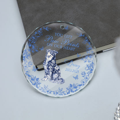 Personalized dog ornament with flower crown, custom glass memorial for pet loss.