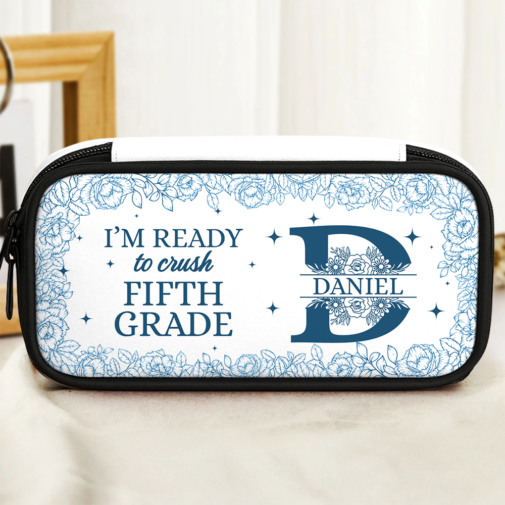 Flower "I Am Ready" personalized pencil case for school supplies.