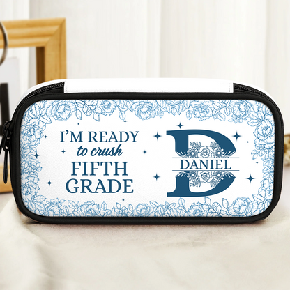 Flower "I Am Ready" personalized pencil case for school supplies.