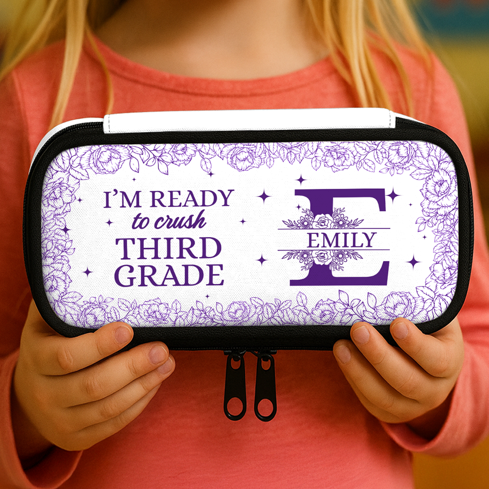 Flower "I Am Ready" personalized pencil case for school supplies.