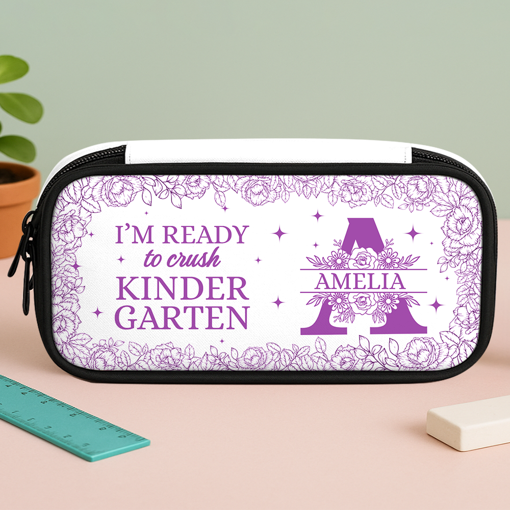 Flower "I Am Ready" personalized pencil case for school supplies.