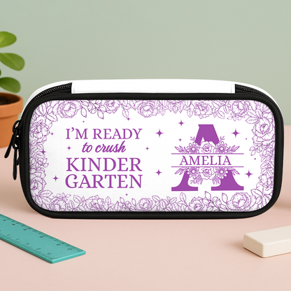 Flower "I Am Ready" personalized pencil case for school supplies.