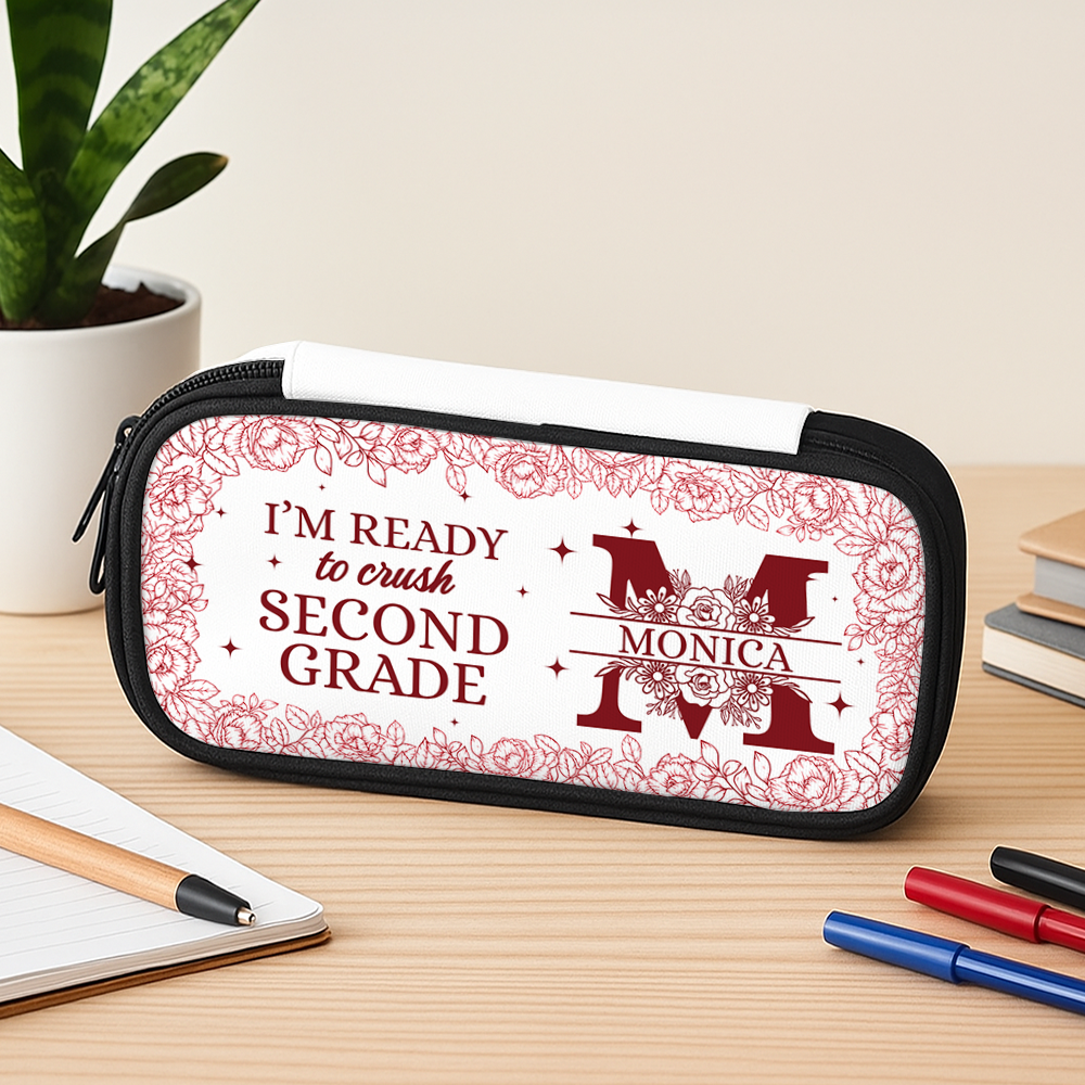 Flower "I Am Ready" personalized pencil case for school supplies.