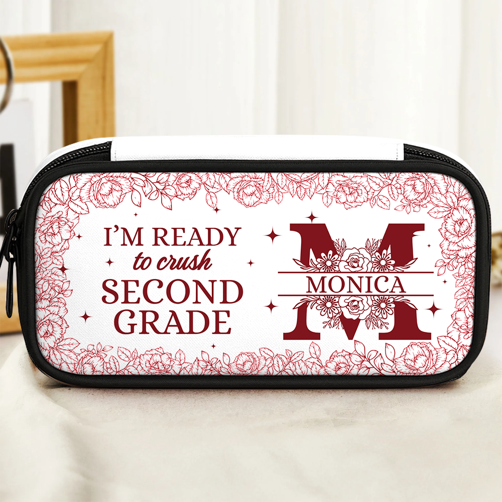 Flower "I Am Ready" personalized pencil case for school supplies.