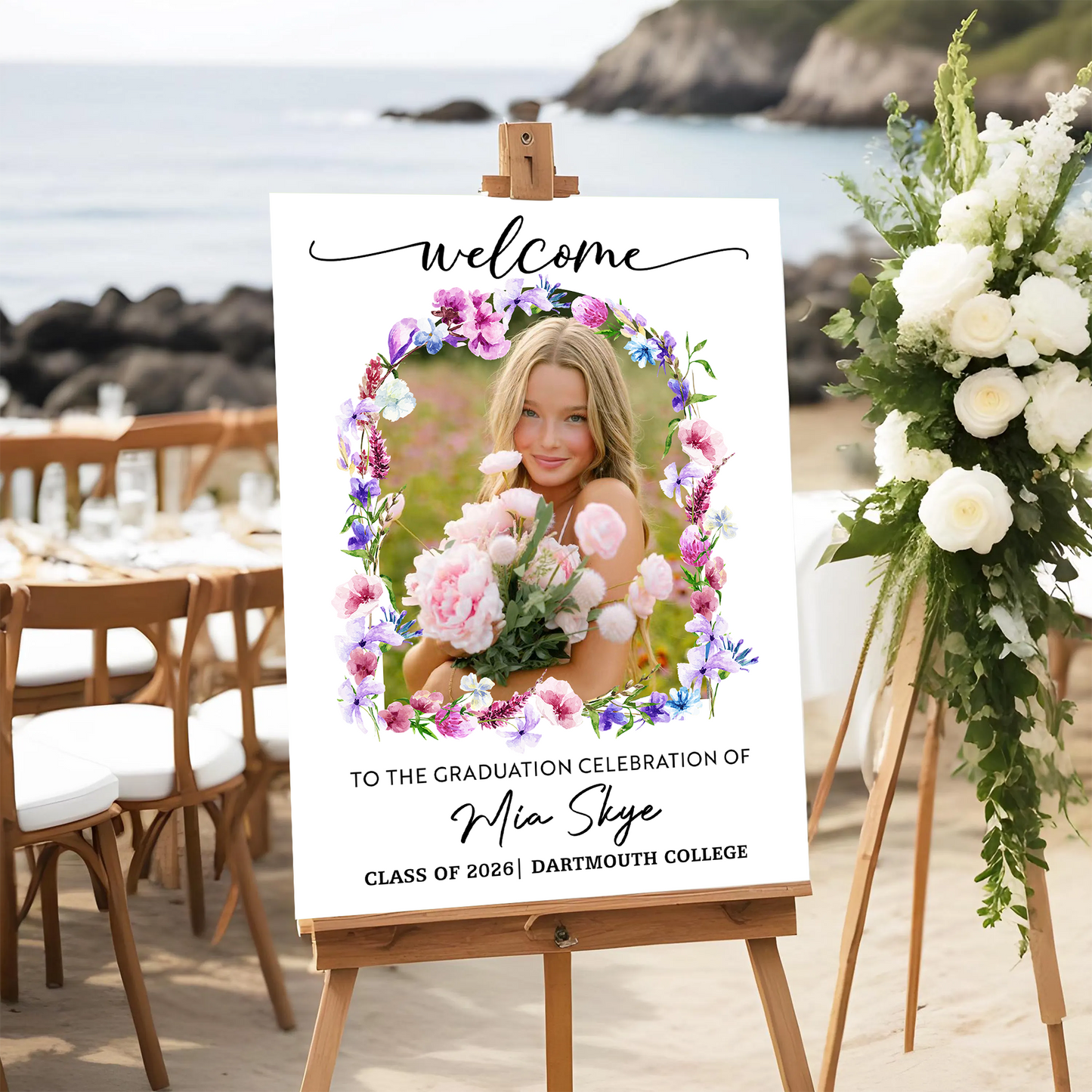 Personalized graduation welcome sign with flowers and custom photo.