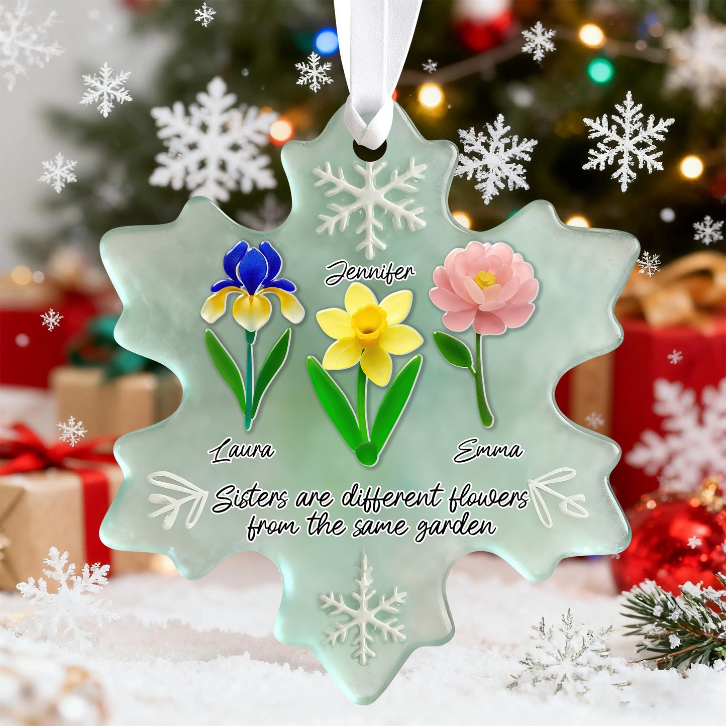 Personalized flowers sea glass ornament, custom acrylic 2-layered decoration.
