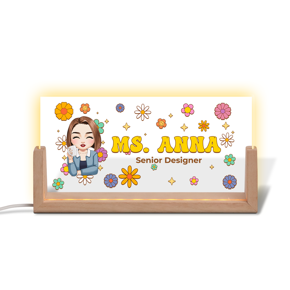 Personalized teacher desk name plate with flowers and custom name, a thoughtful teacher appreciation gift.