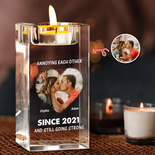 Personalized crystal candle holder, engraved with "Forever in Love," a romantic keepsake gift.