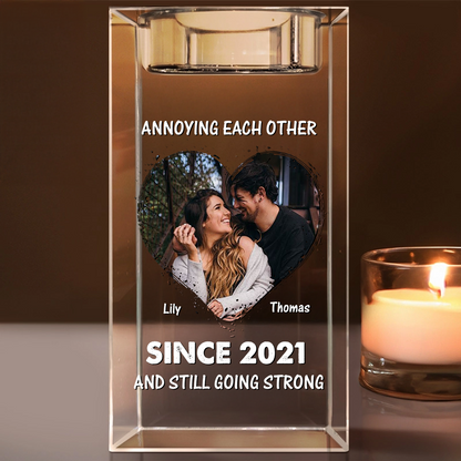Personalized crystal candle holder, engraved with "Forever in Love," a romantic keepsake gift.