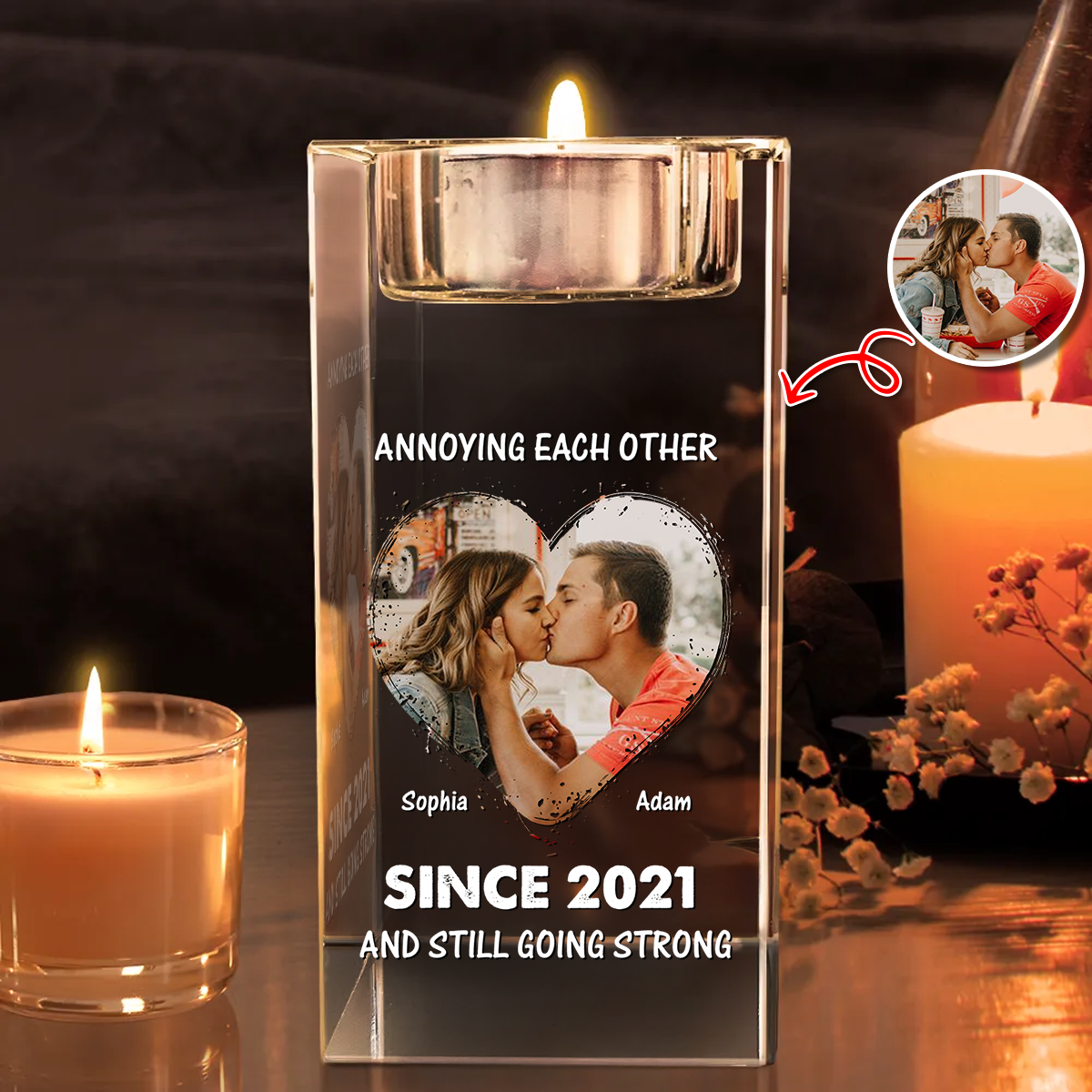 Personalized crystal candle holder, engraved with "Forever in Love," a romantic keepsake gift.
