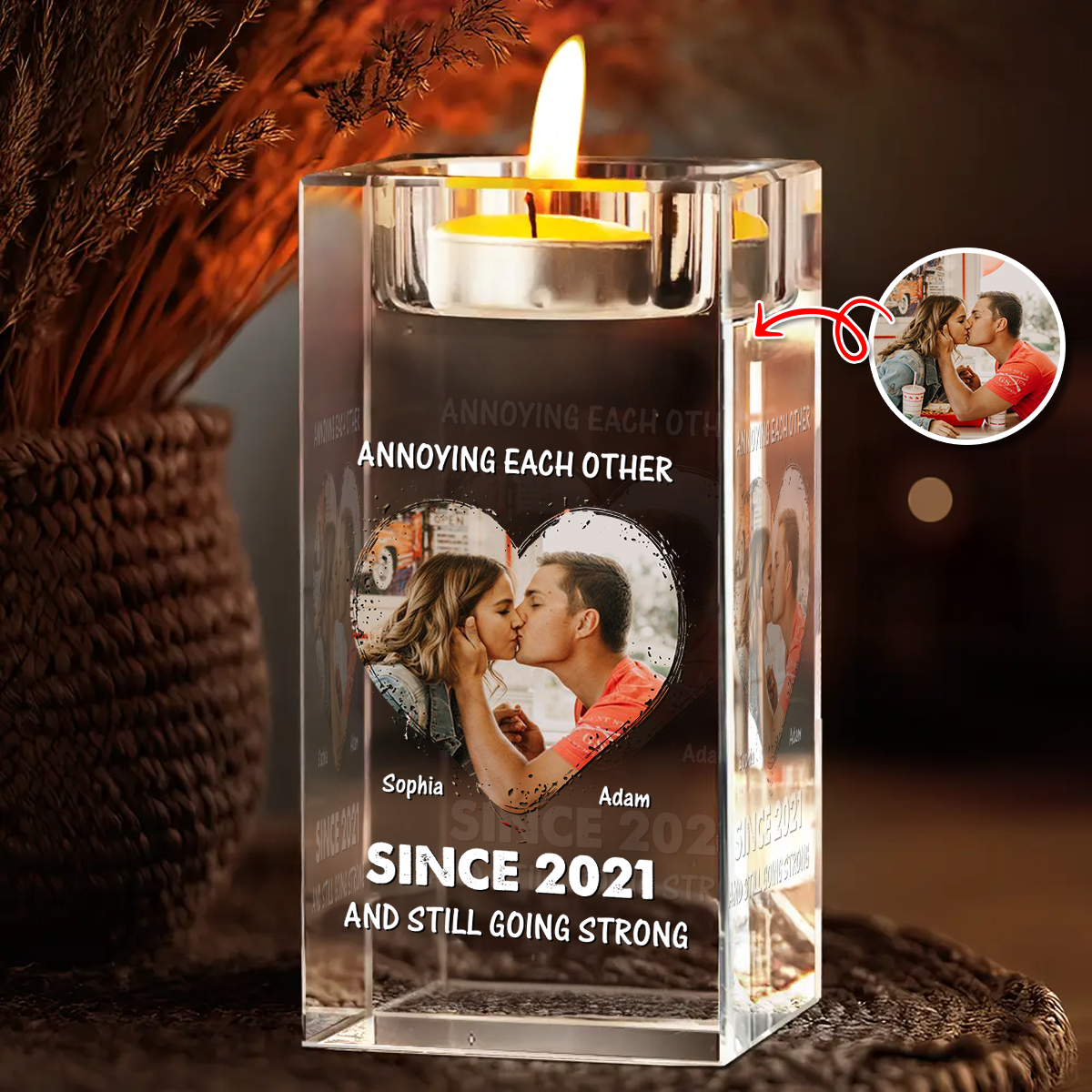 Personalized crystal candle holder, engraved with "Forever in Love," a romantic keepsake gift.