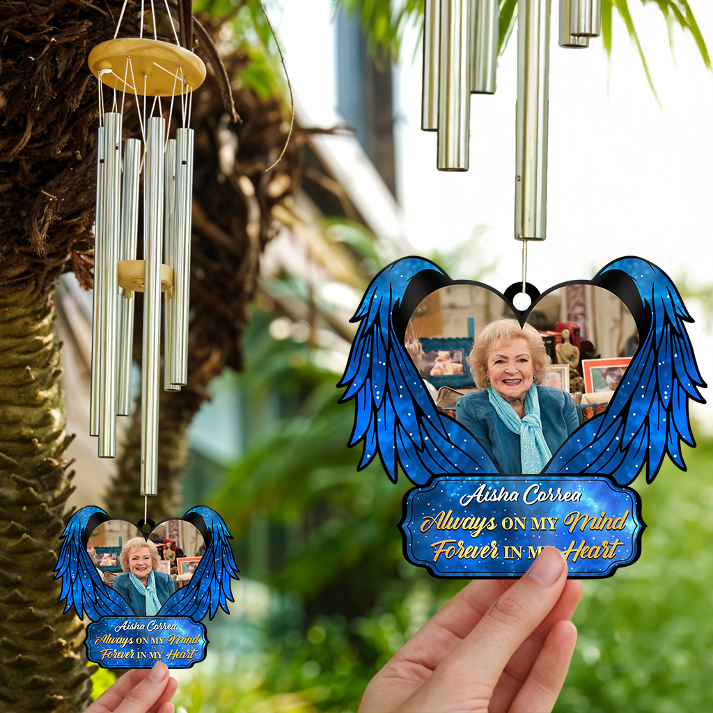 Personalized memorial wind chime with suncatcher. "Forever In My Heart" remembrance gift.