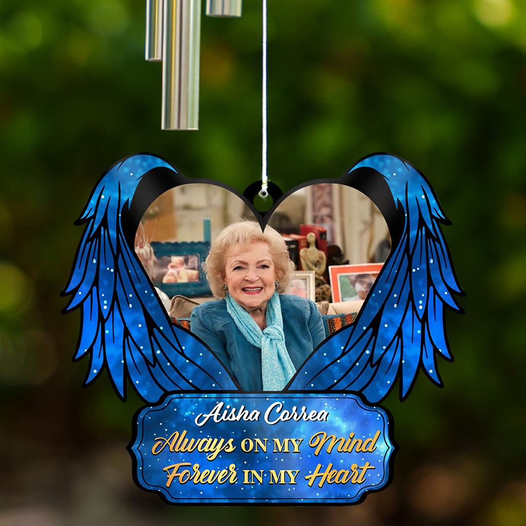 Personalized memorial wind chime with suncatcher. "Forever In My Heart" remembrance gift.